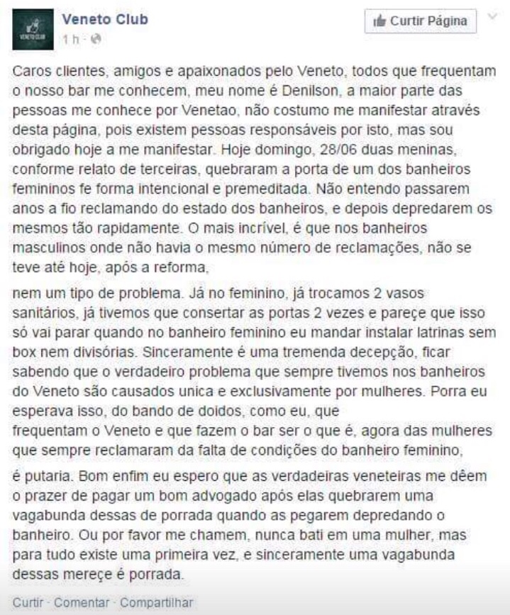 Postagem do dono do Bar Veneto nas redes sociais