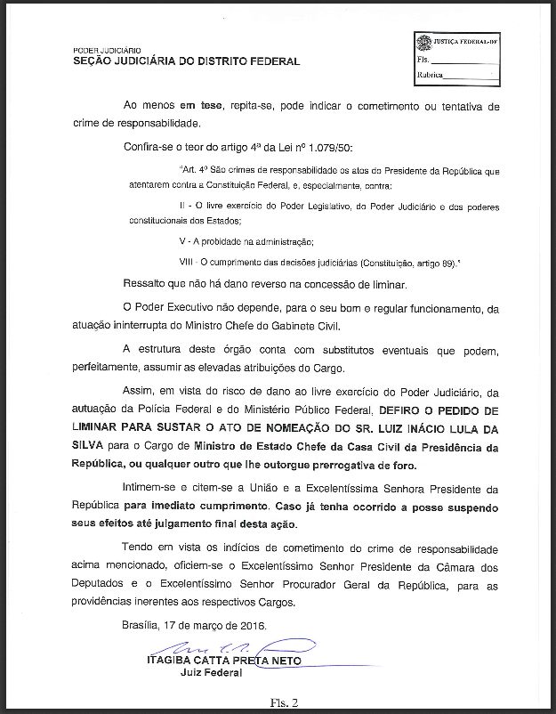 Juiz manda suspender a nomeação de Lula como ministro da Casa Civil