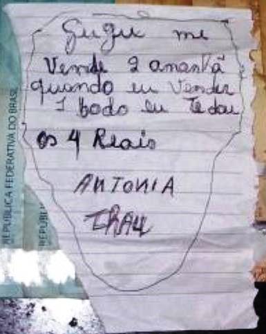 Em bilhete, 'cliente' pede que droga seja vendida 'fiado' para pagar após vender bolo