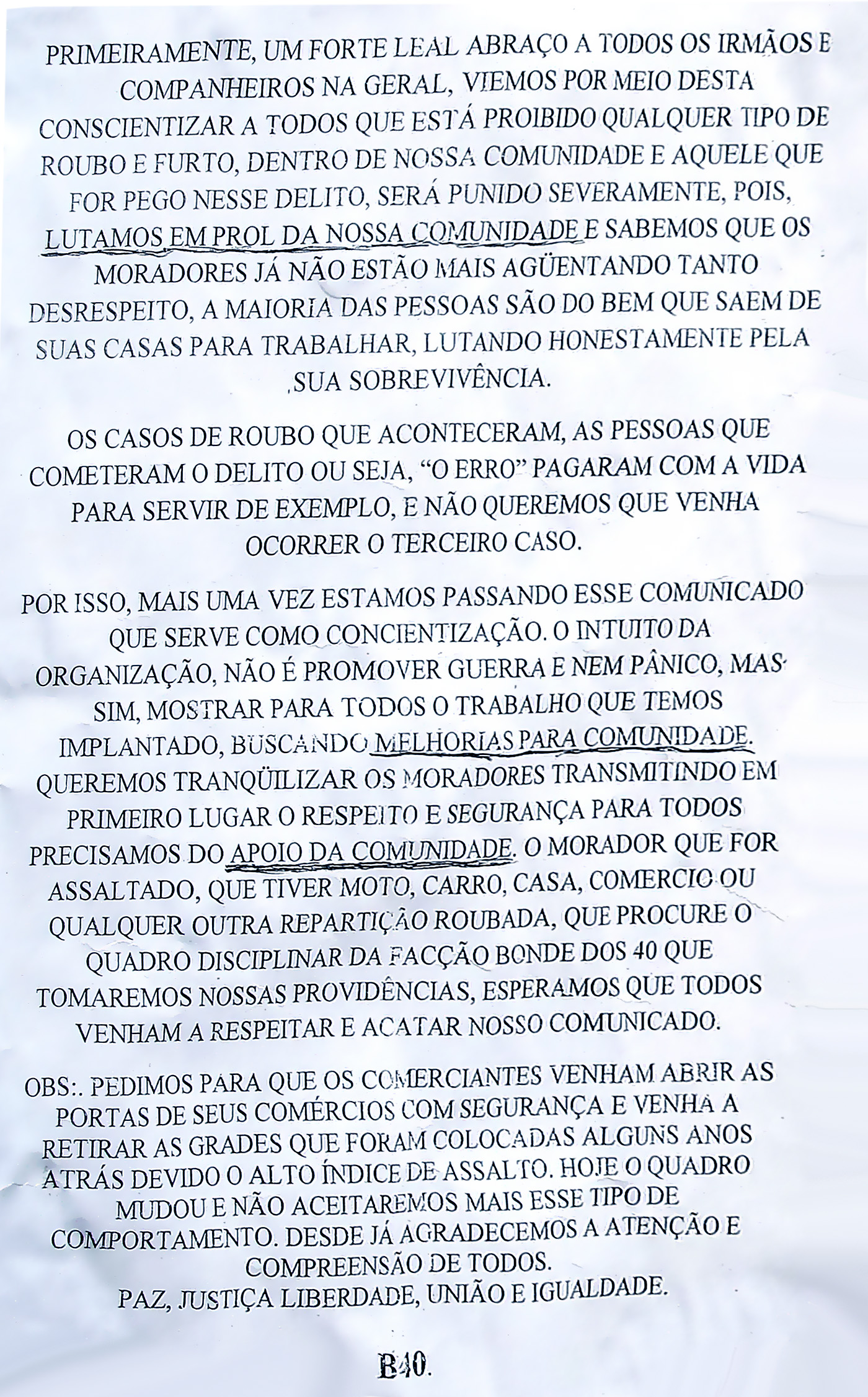 Carta com aviso de facção