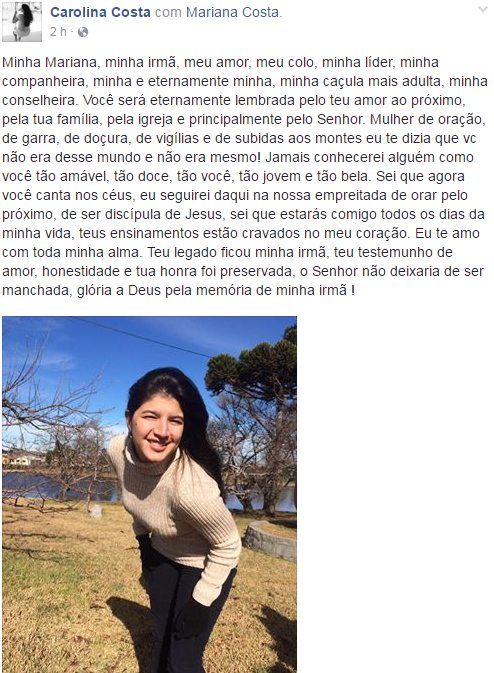 Carolina Costa presta homenagem p&oacute;stuma &agrave; irm&atilde;, Mariana